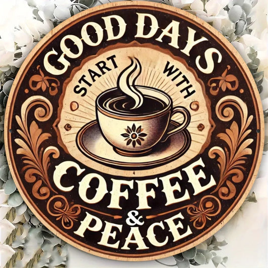 "Good Days Start with Coffee & Peace" Round Metal Wall Sign, Waterproof Rustproof Decor for Bar Cafe Kitchen - 8"