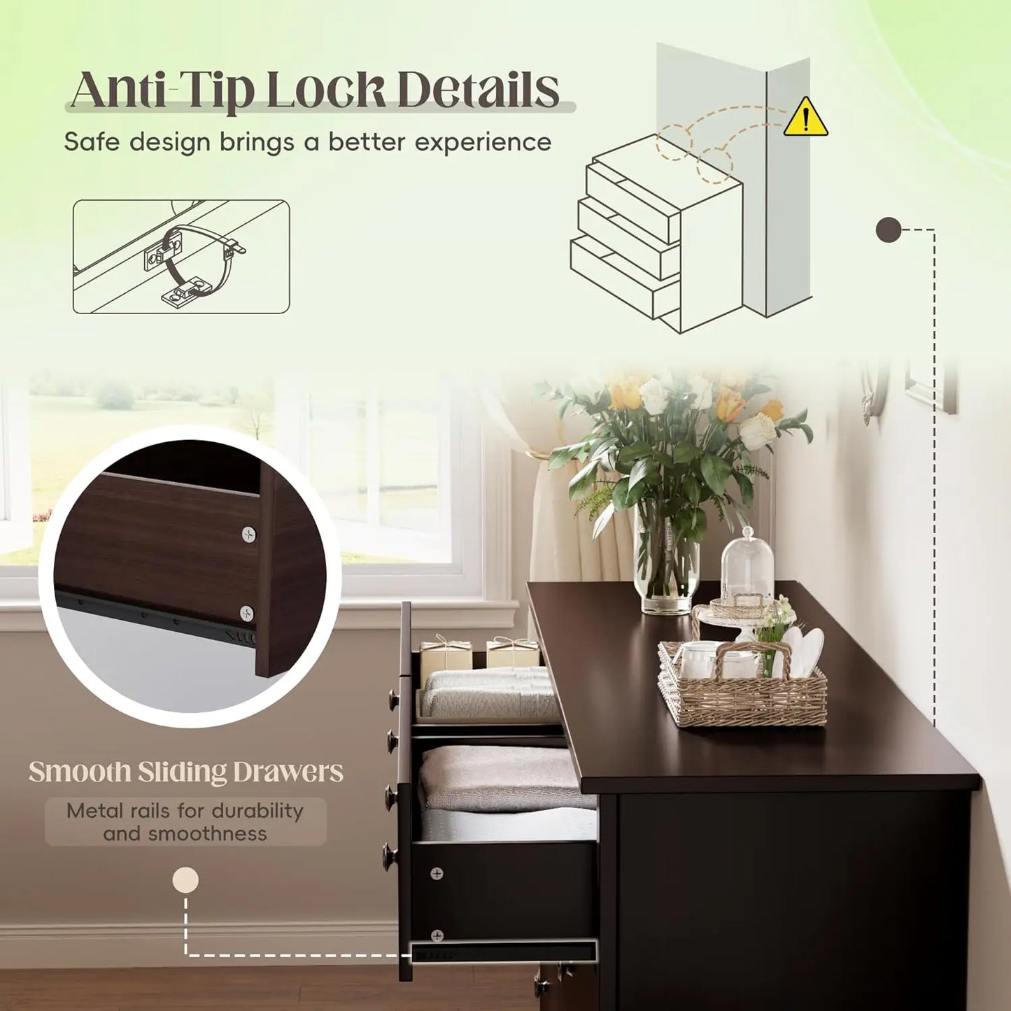 6 Drawer Wood Dresser Wide Storage Tower Modern Bedroom Living Room Hallway Entryway Dark Brown, Customized