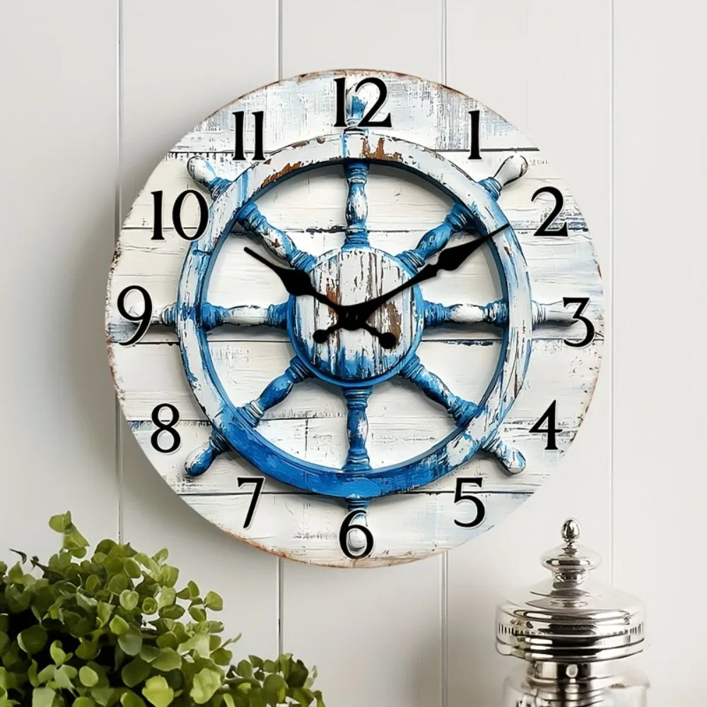 1pc 2D Flat Wall Clock Non-Ticking Wooden, Circular Clock Nautical Wooden Ship Wheel Design for Kitchen, Study Room, Hallway, Li