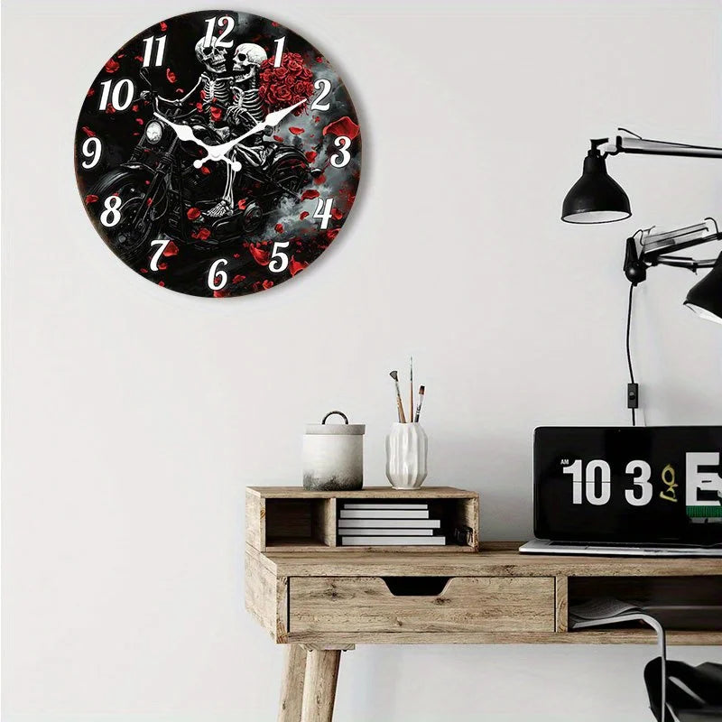 () 1pc Silent Wall Clock Non-Ticking Wooden, Decorative Circular Clock Gothic Motorcycle Skeletons with Roses Design for Bedroom