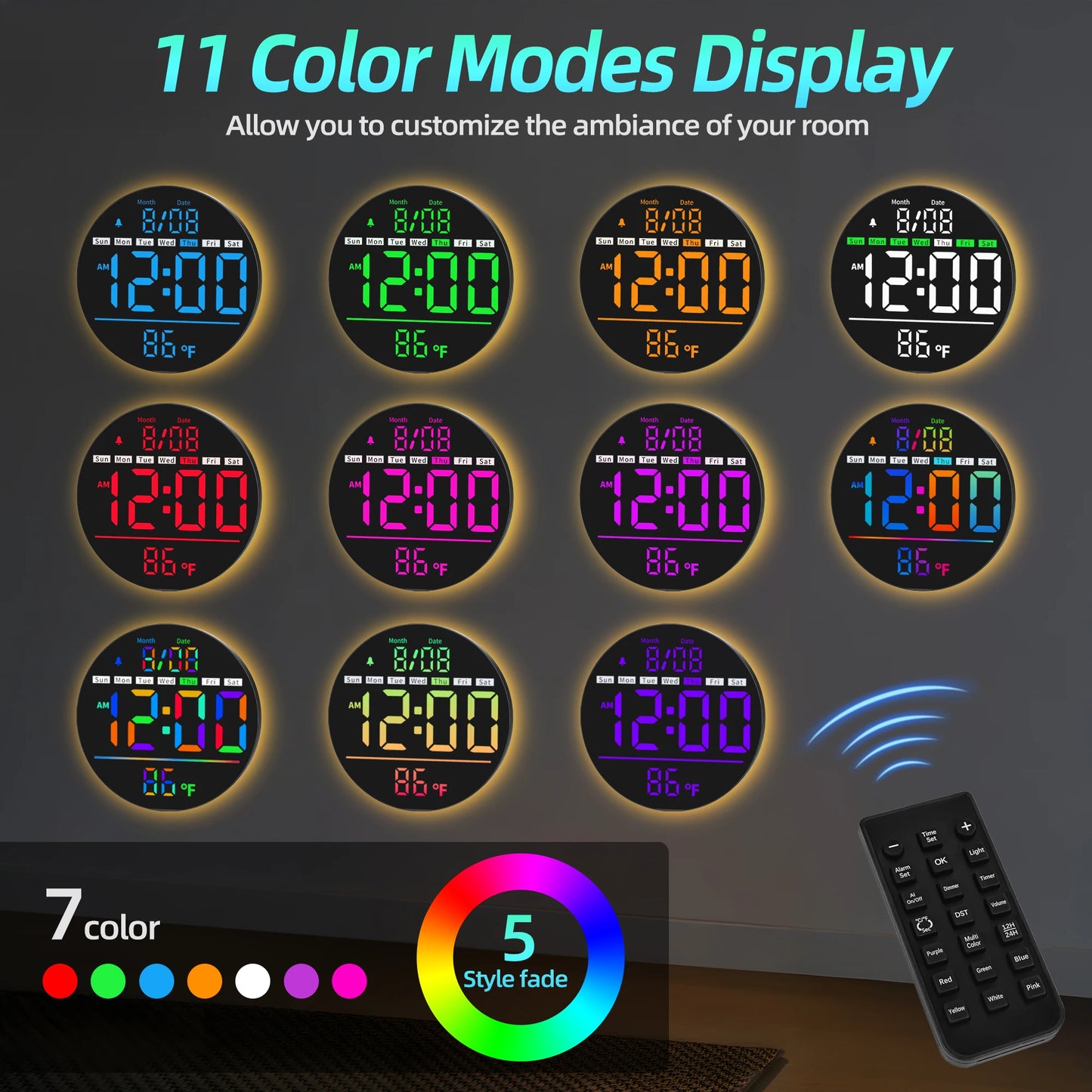 8‘’LED Wall Clockwith Timer,Temperature,Date,Night Light,RGB Color,Alarm,5-Level BrightnessDigital Clock for Classroom,Bedroom