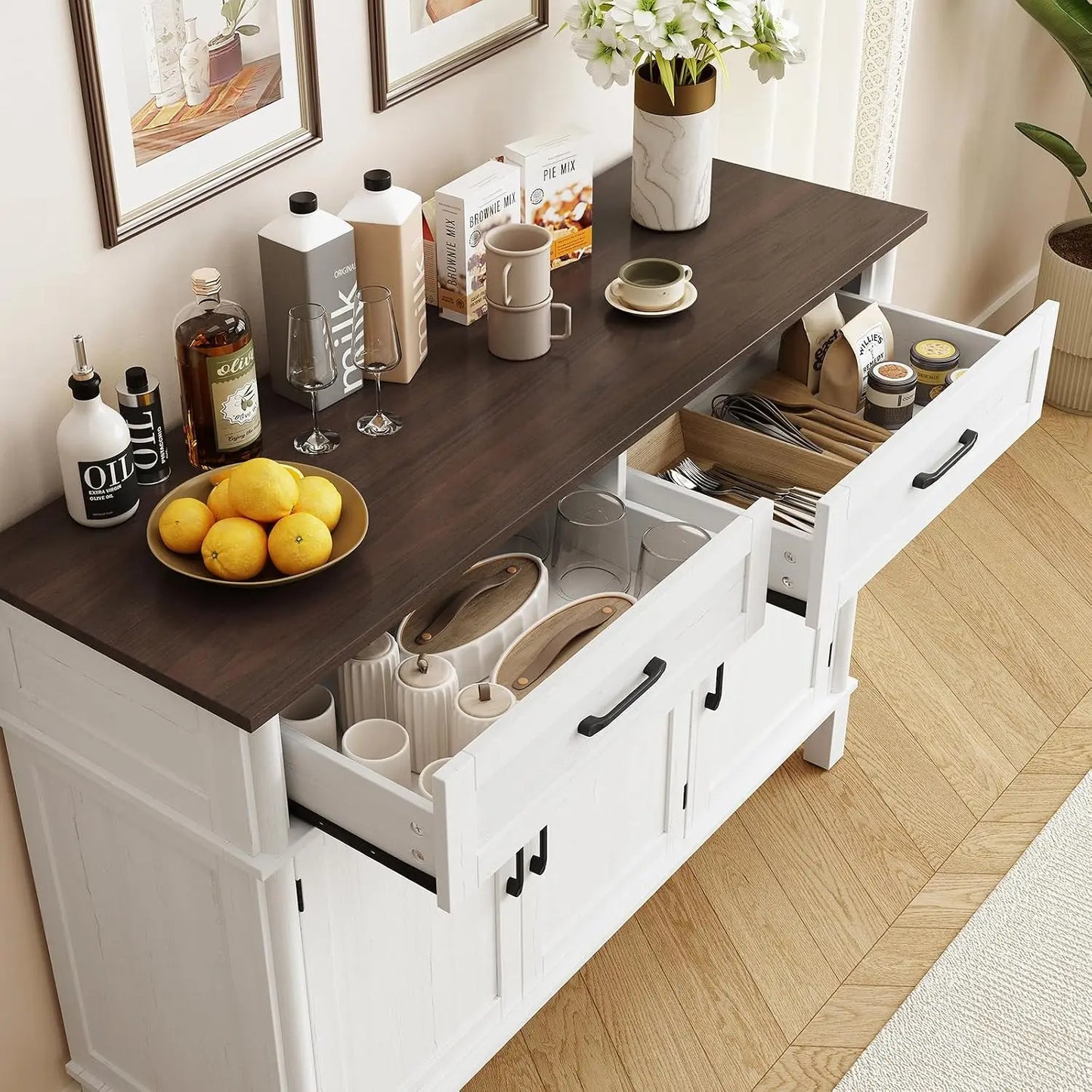 48 Inch Farmhouse Buffet Cabinet with 3 Doors & 2 Drawers, Wood Coffee Bar Storage Cabinet Adjustable Shelves for Kitchen Living Room