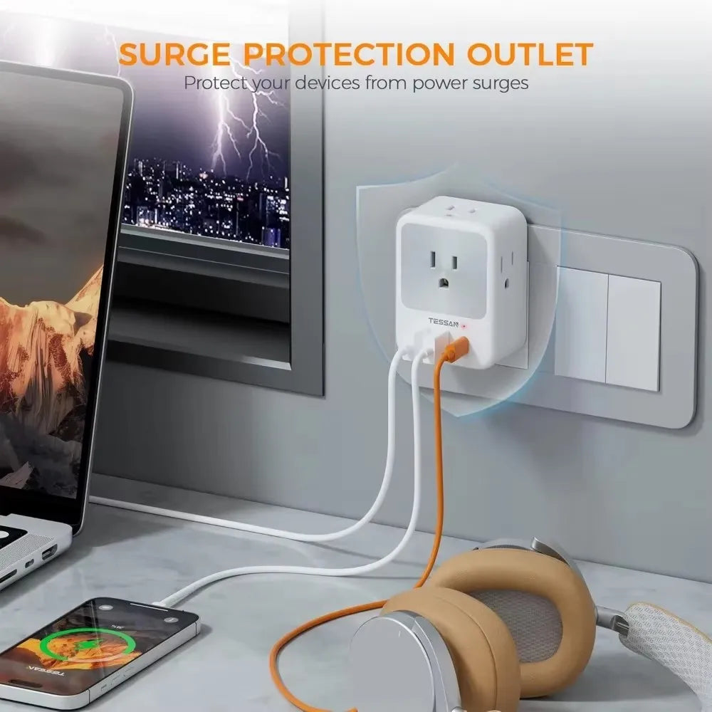 TESSAN US Plug Power Strip with 4AC Outlet and 3USB Charging Port Multi-Contacts Electrical Socket with Surge Protector for Home