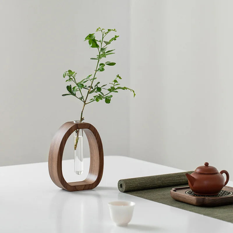 Premium Solid Wood Floral Vase With Glass Plant Insert