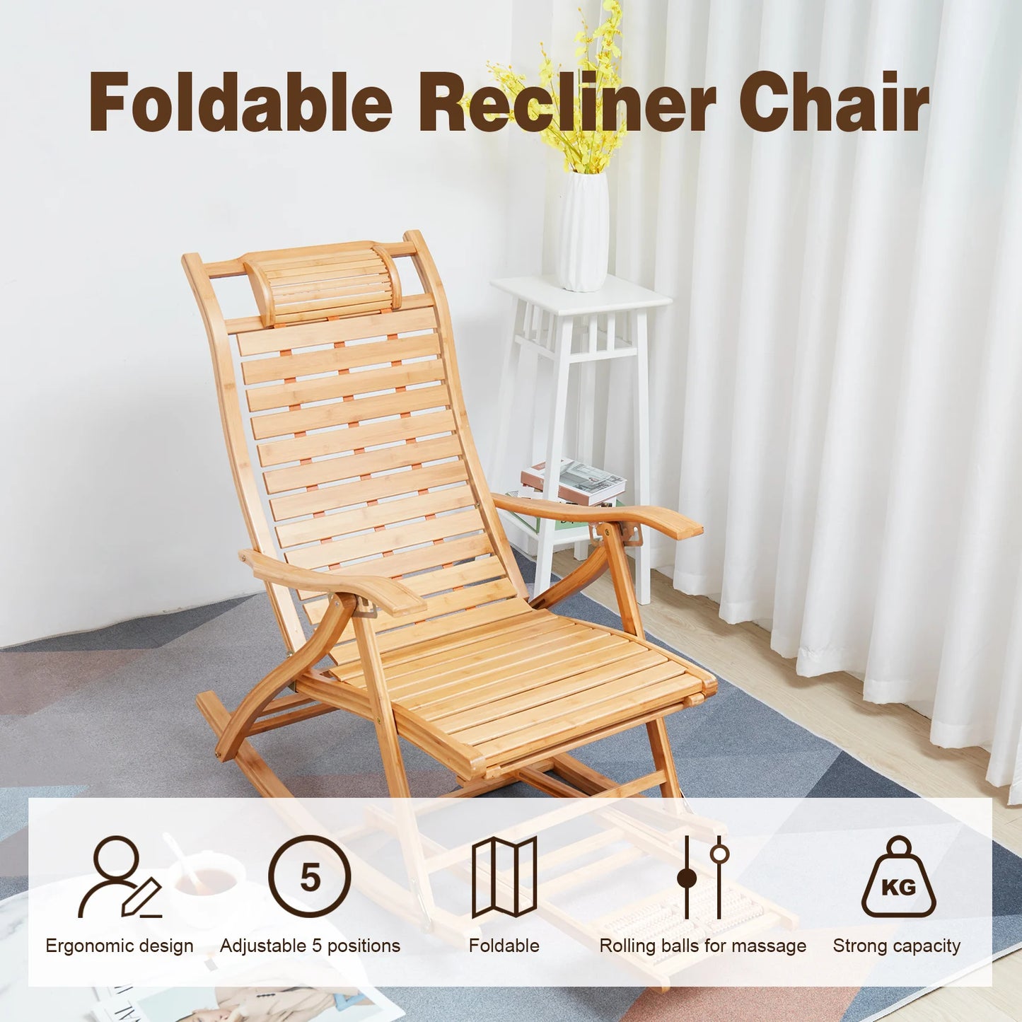 Heavy Duty Folding Rocking Chair Bamboo Living Room Indoor Outdoor Furniture Adjustable Sun Lounger Chairs