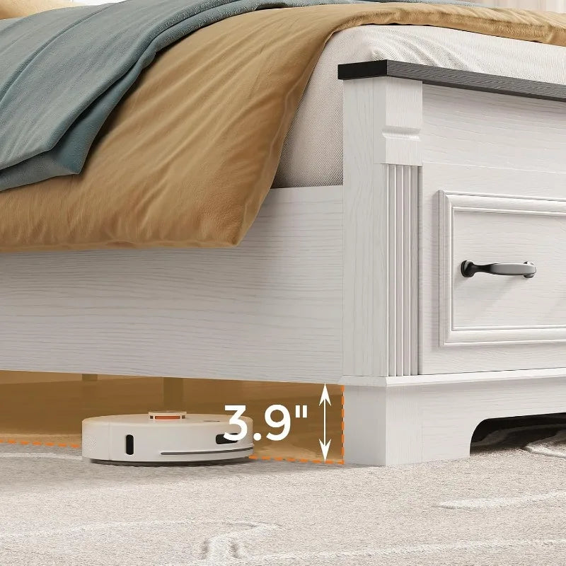 Farmhouse Queen Bed Frame 51" Headboard 2 Storage Drawers Roman Footboard | koorlian Platform Bed Large Wooden