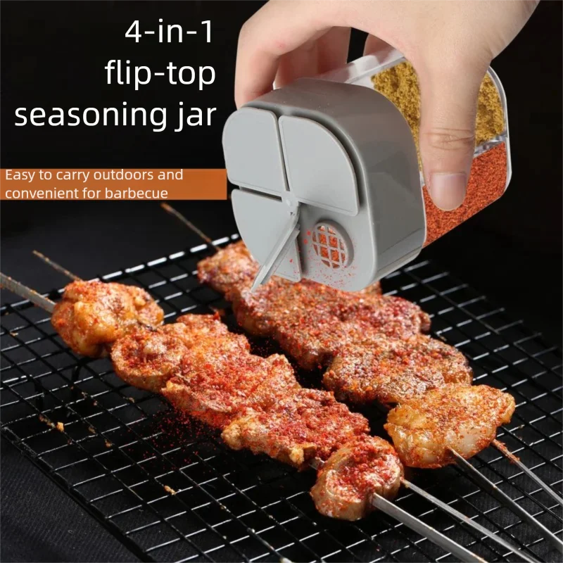 4in1 Camping Spice Shaker Multifunctional Spice Pot with Lid 4 Compartments for Outdoor BBQ Cooking Salt Pepper Storage Box