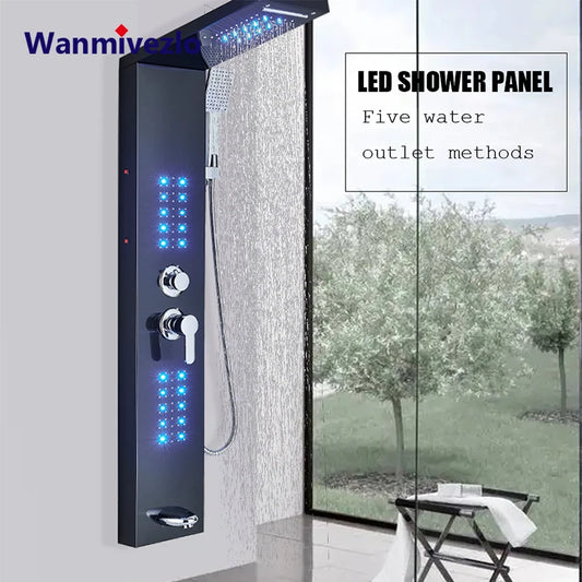 LED Shower Faucet Bathroom Spa Massage Jet Shower Matte Black Column System Waterfall Rain Shower Panel Bidet Sprayer Tap
