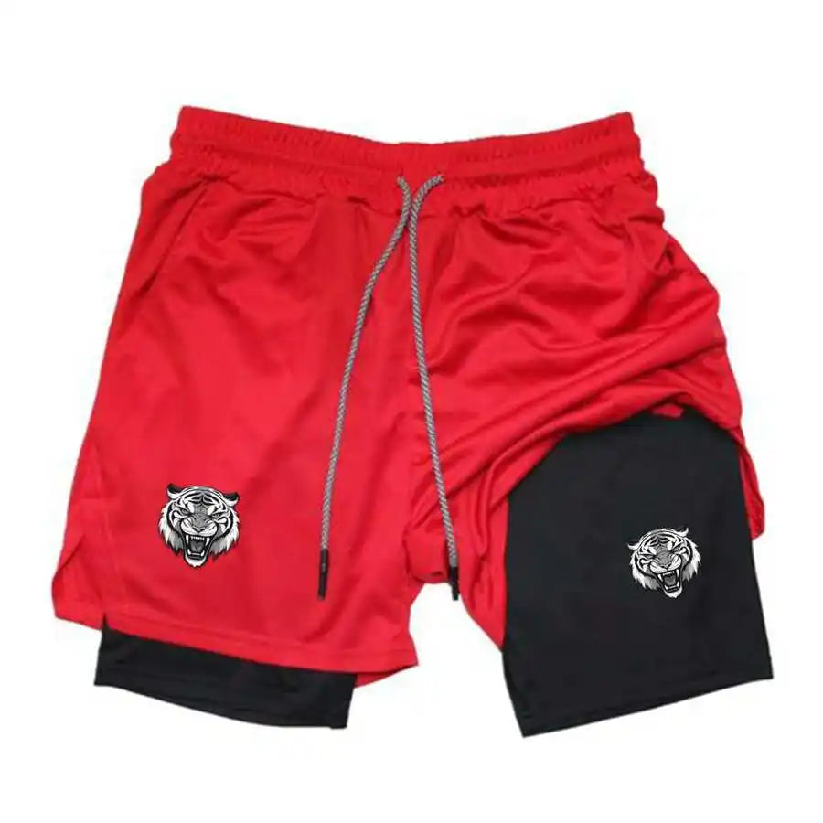 Mens Angry Tiger Graphic 2-In-1 Quick Dry Sports Shorts For Gym Running