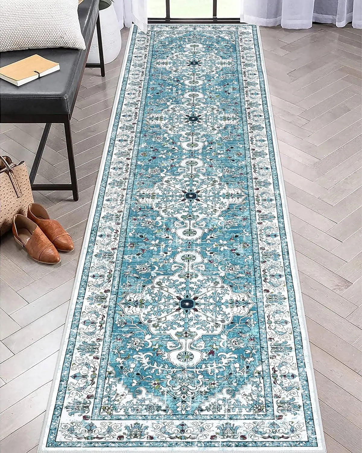 Boho Hallway Runner Rug Vintage Ethnic Style Non Slip Kitchen Rug Water Absorbent Dirty Resistant Entryway Laundry Living Room