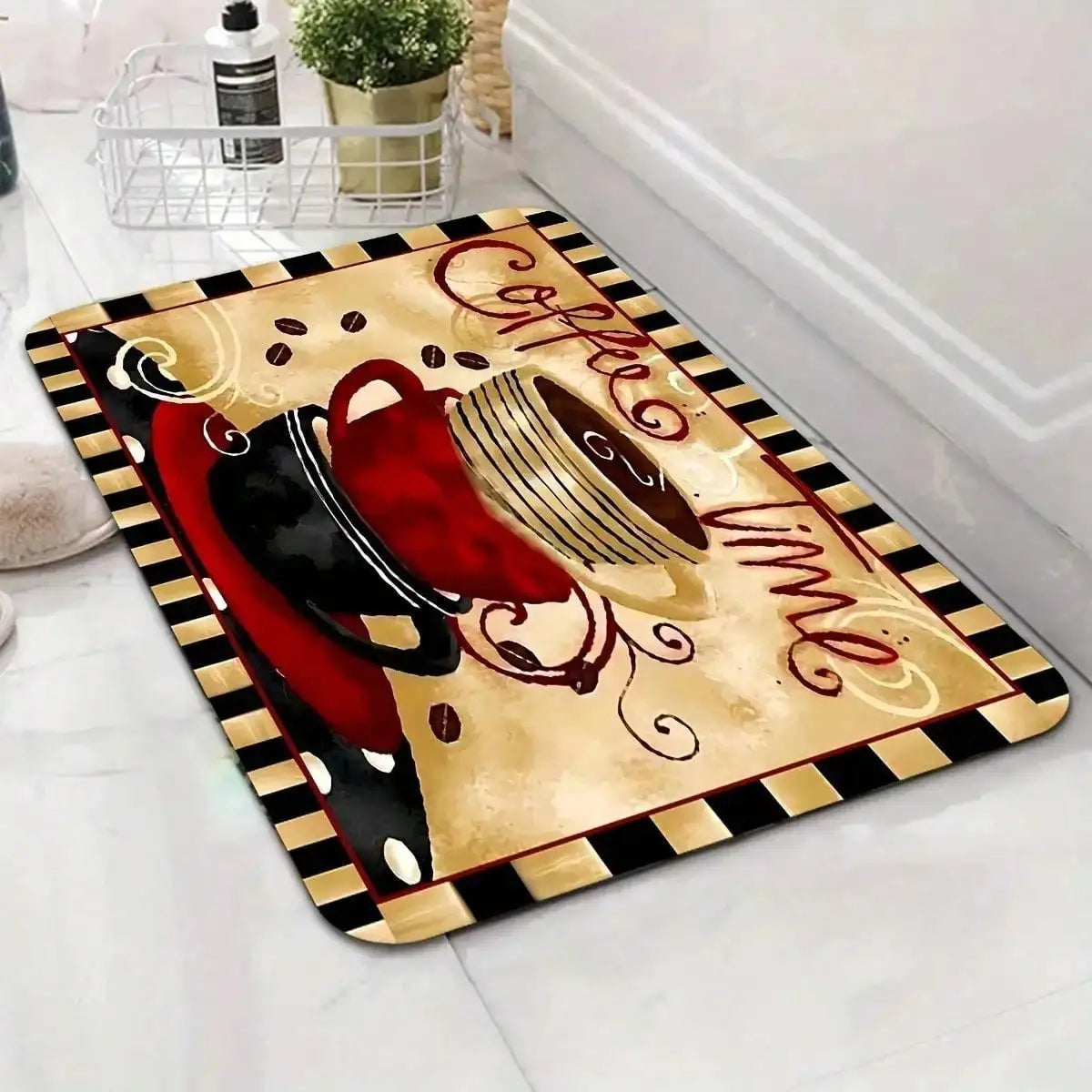 Coffee Time Door Mat - Red Cup Coffee Beans Kitchen Rug, Non-Slip Entrance Mat, Cafe Style Home Decor, Multiple Sizes