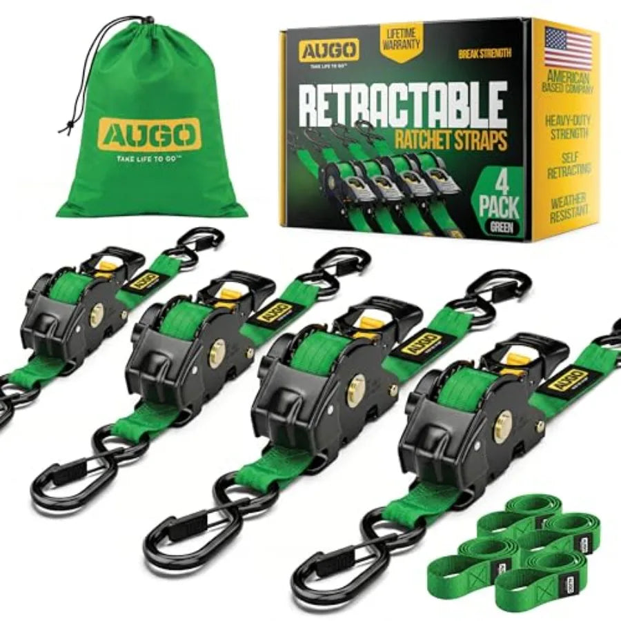 Retractable Ratchet Straps 2 Heavy Duty Ratchet Straps Self Retractable Tie Downs with Soft Loops and Storage Bag for Motorcycl