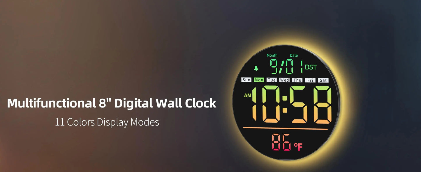 8‘’LED Wall Clockwith Timer,Temperature,Date,Night Light,RGB Color,Alarm,5-Level BrightnessDigital Clock for Classroom,Bedroom