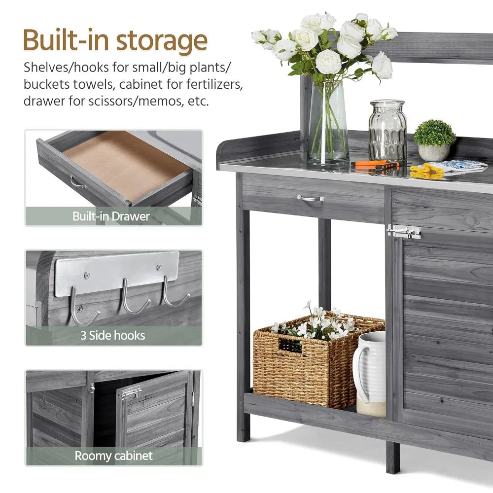 Outdoor Garden Workbench, Garden Worktable with Metal Tabletop, Cabinet Drawers, Open Countertop, Customizable