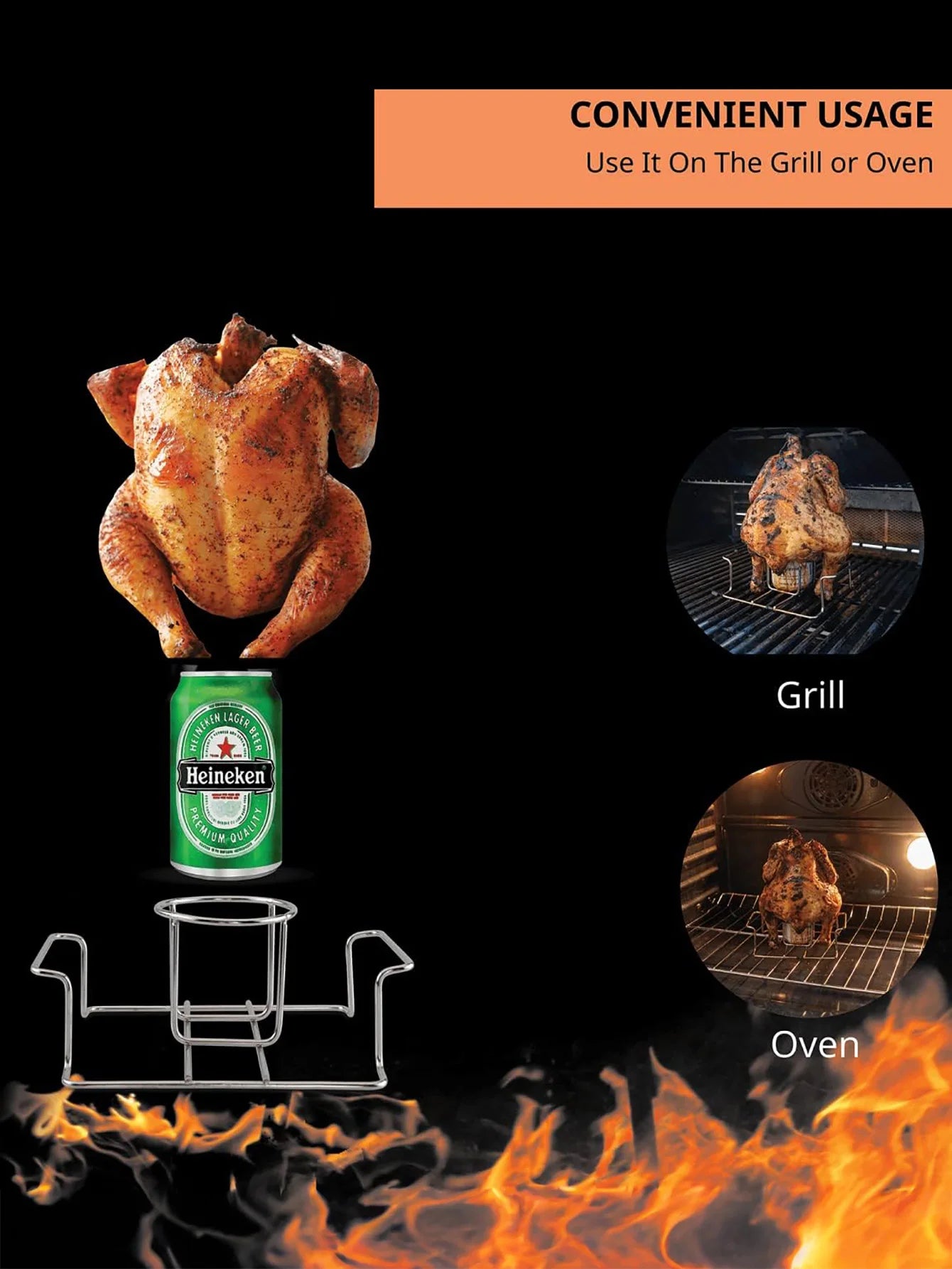 Beer Can Chicken Holder for Grill and Smoker, Premium Grade Stainless Steel Beer Chicken Stand with Handle