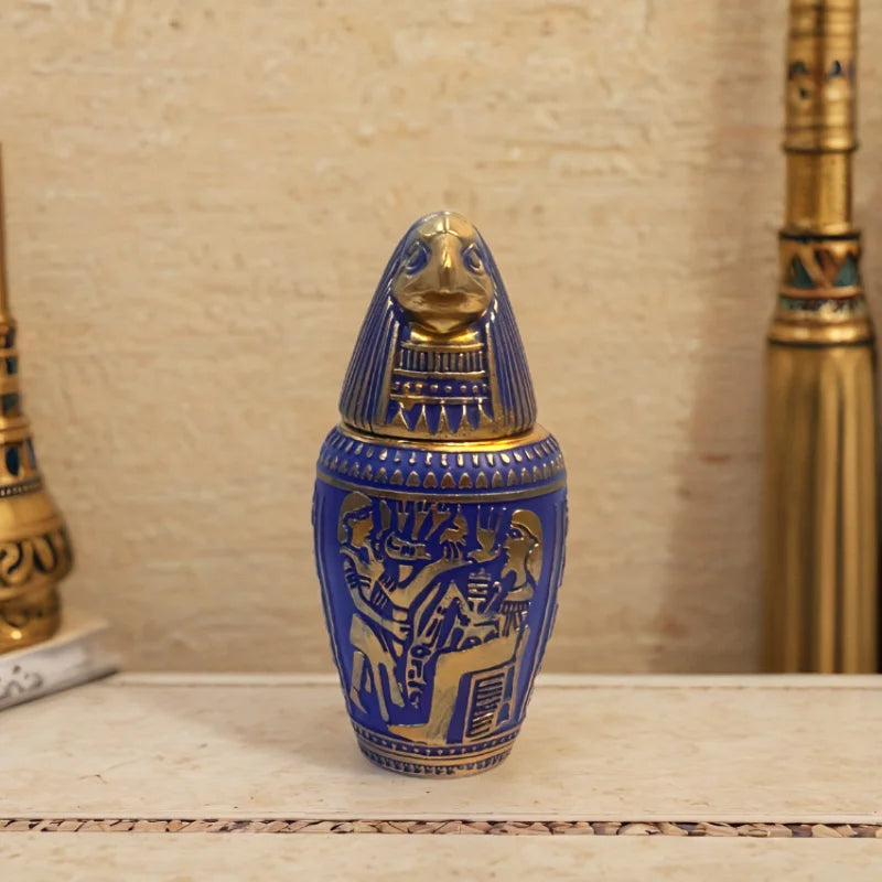 Egyptian Canopic Jars Set, Ancient Egypt God Figurines Statues, Blue & Gold Resin Decor for Home Office Bookshelf Halloween Part