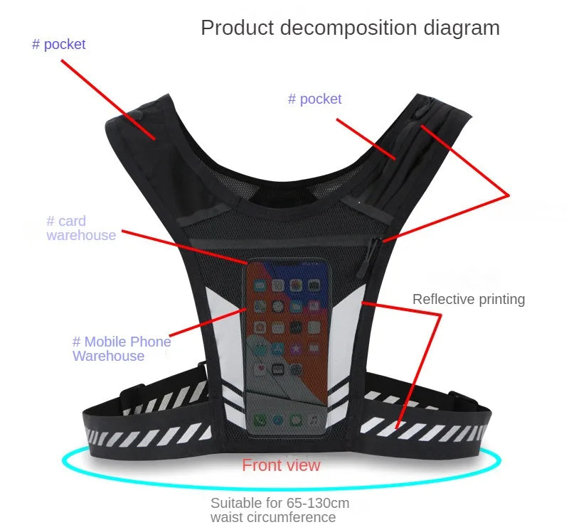 Reflective Running Backpack Lightweight Sports Running Cycling Vest Mobile Phone Cards Bag Men and Women Jogging Fitness Vest
