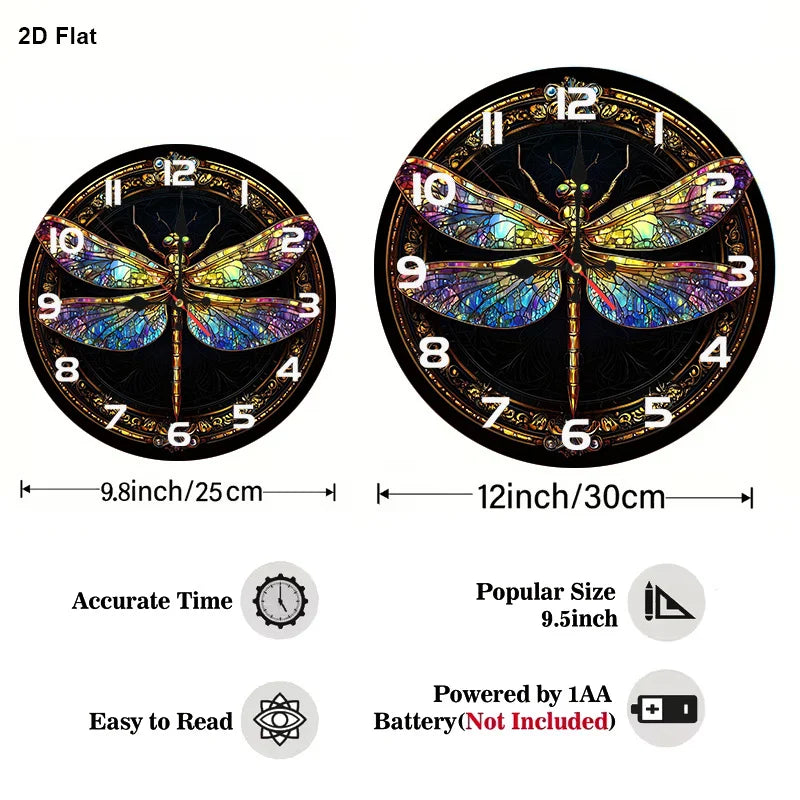 1pc 12-inch Stained Glass Dragonfly Wall Clock - Silent Non-Ticking Battery- Nursery Decor with Wood Frame, Pastel Colors Suitab