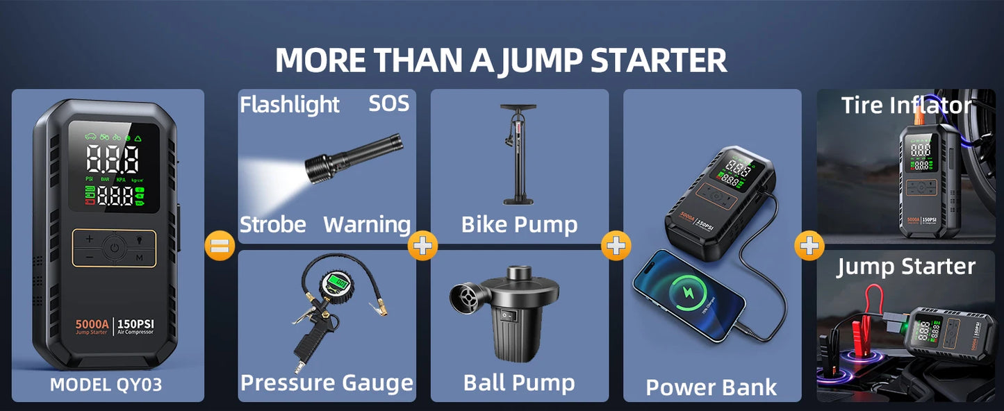 PAIVIROKU 5000A Car Jump Starter with Air Compressor 150PSI Air Pump  Auto Battery Booster Portable Power Bank Tire Inflator