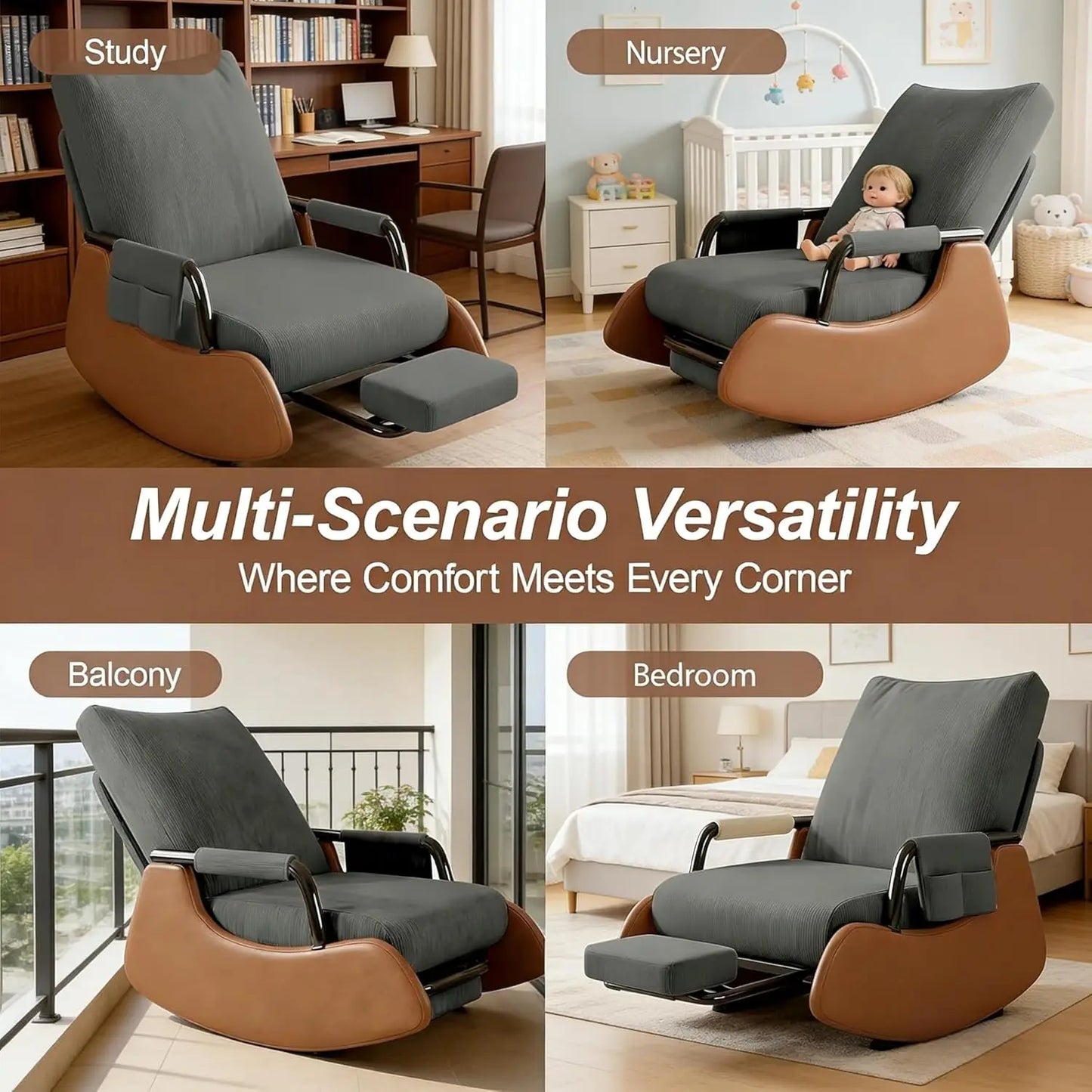 Rocking Chair Nursery, Upholstered Glider Rocking Chair with Side Pocket and Adjustable High Backrest, Foldable, Customized