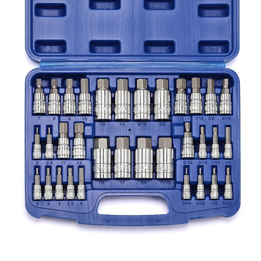 33 Piece Master Hex Bit Socket Set, S2 Steel, SAE and Metric, Allen Socket Bit, 5/64-inch to 3/4-inch, 2mm to 19mm Socket Tool