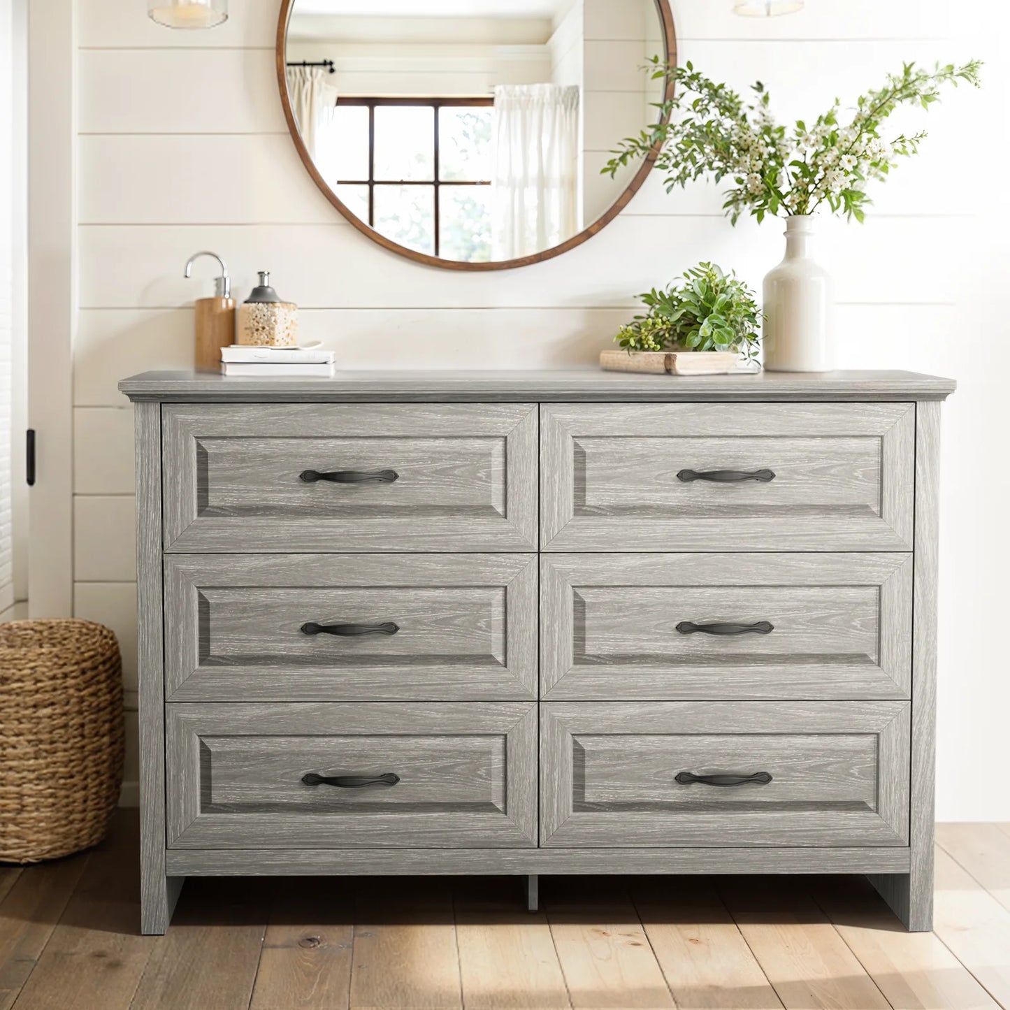 Farmhouse 6 Drawer Dresser for Bedroom, 47.2 Inch Wide Wood Dresser with Natural Texture, Large Drawers, Rustic Farmhouse Chest of Drawers for Bedroom, Living Room, Hallway