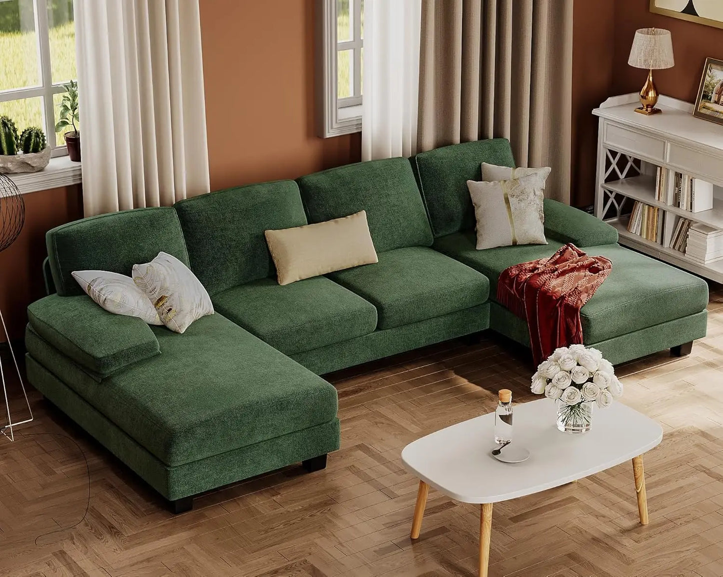 Sectional Couches for Living Room, U-Shaped Sofa Couch with Linen Fabric, 4 Seat Sofa Set with Double Chaise for, Custom