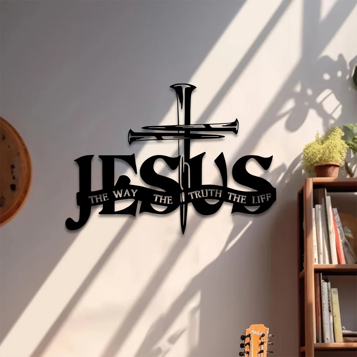 Jesus Metal Wall Decor - Elegant Black Cross with Praying Hands & JESUS Lettering -  Christian Church, Home, Office Decoration