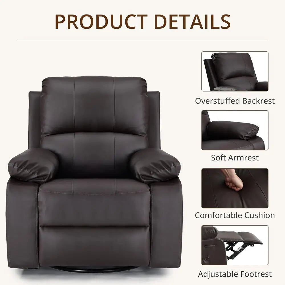 Overstuffed Leather Recliner With 360 Swivel And Pockets