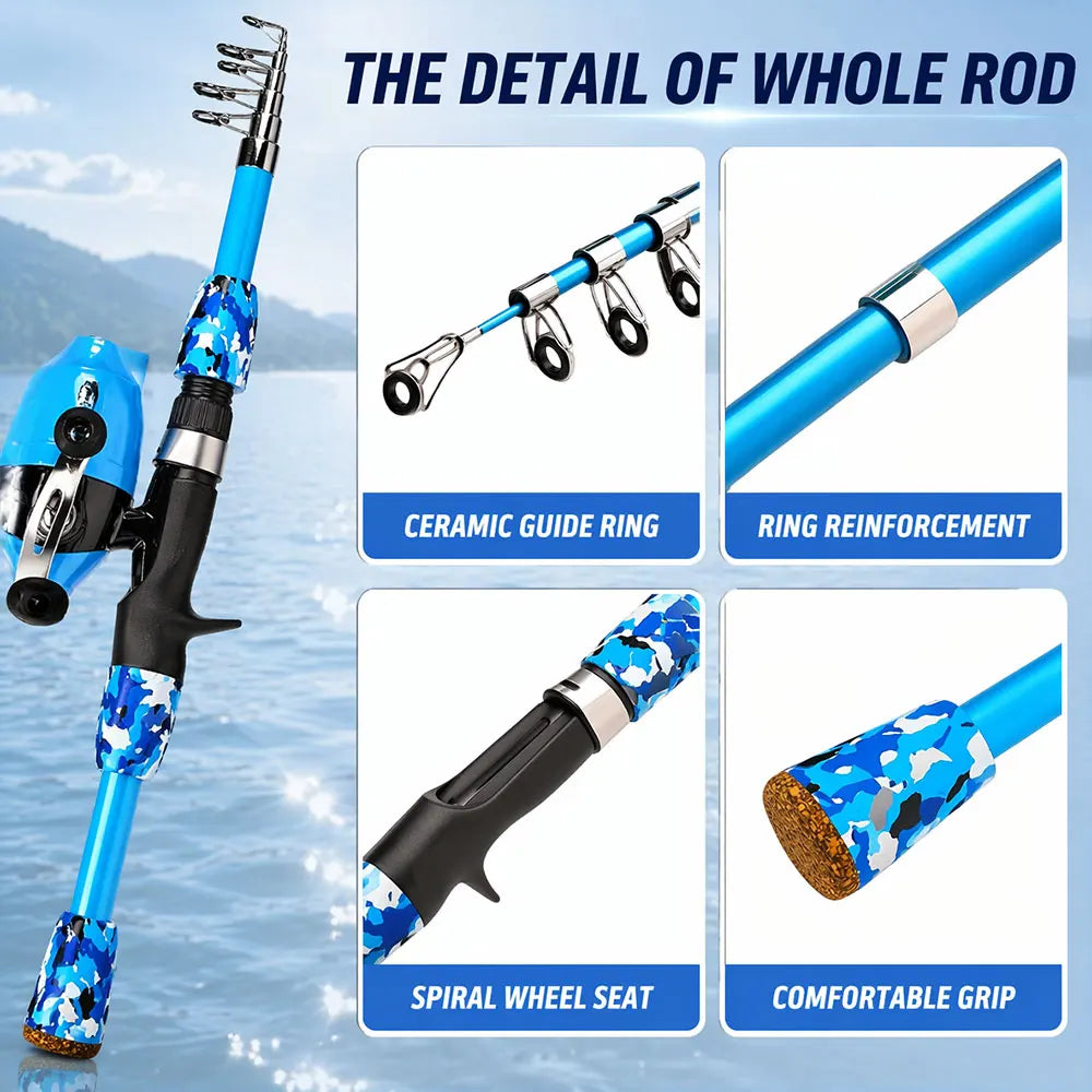 youth Fishing Pole Set with Full Starter Kit - Portable Telescopic Fishing Rod & Reel with Spinning Mechanism,All Necessary Accessories (Hooks, Sinkers, Swivels,) Ideal for Lakes, Ponds, Beach