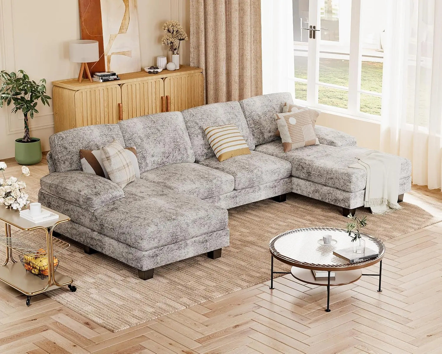 U Shaped Chenille Sectional Sofa for Small Living Room Apartment with Removable Pillows Grey