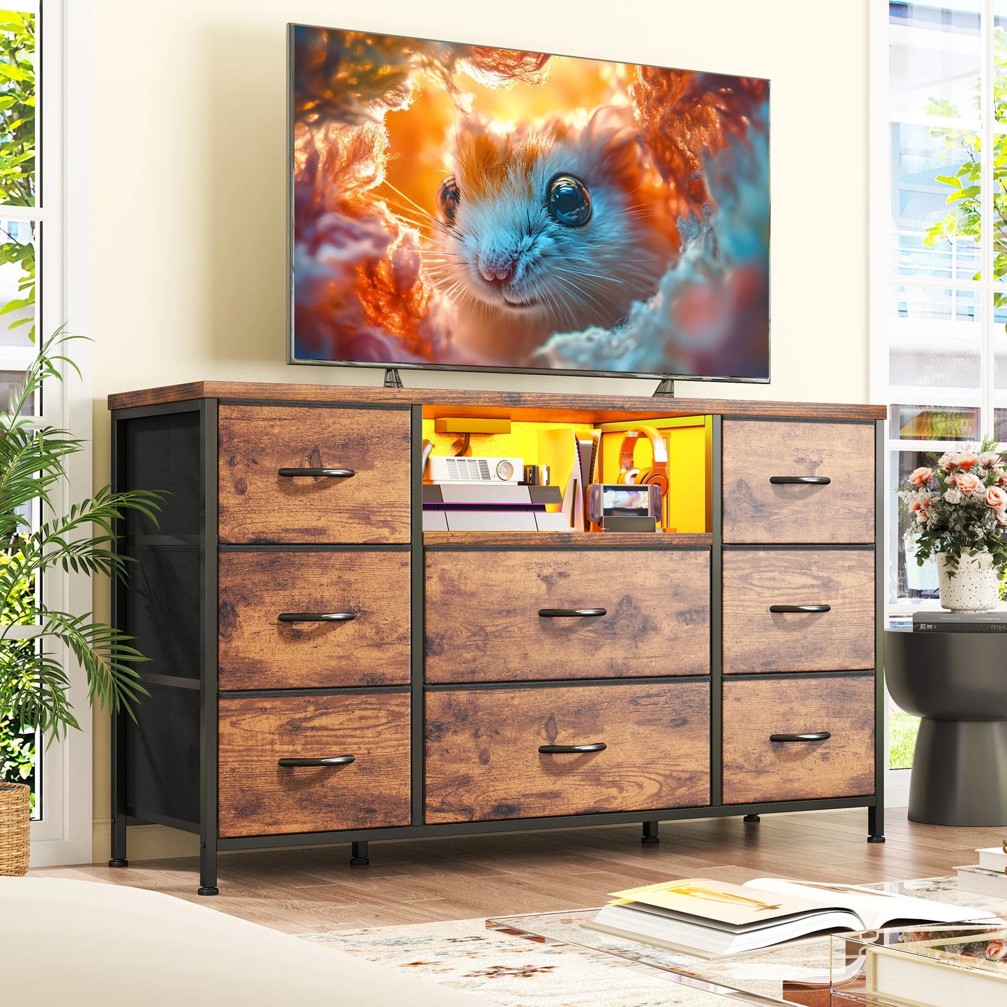 EnHomee 8-Drawer Media Dresser with LED Lighting & Built-in Charging Station - Fabric Storage Cabinet for 55" TVs, Ideal for Bedroom
