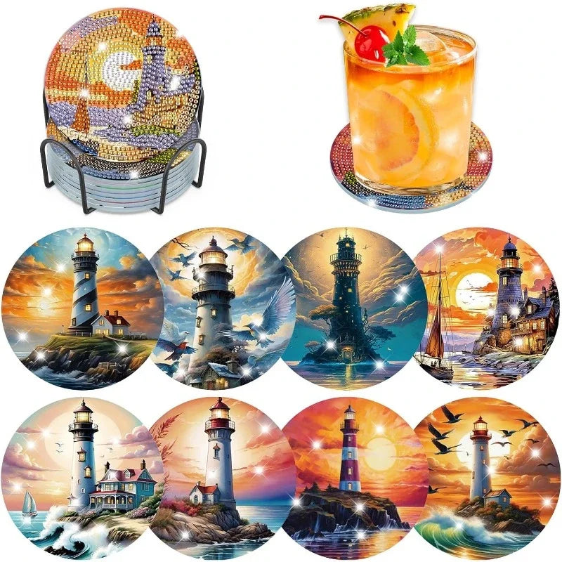 8 pieces/set of dog, beach, lighthouse pattern diamond painted coaster set, sparkling rhinestone heat-resistant beverage mat wit