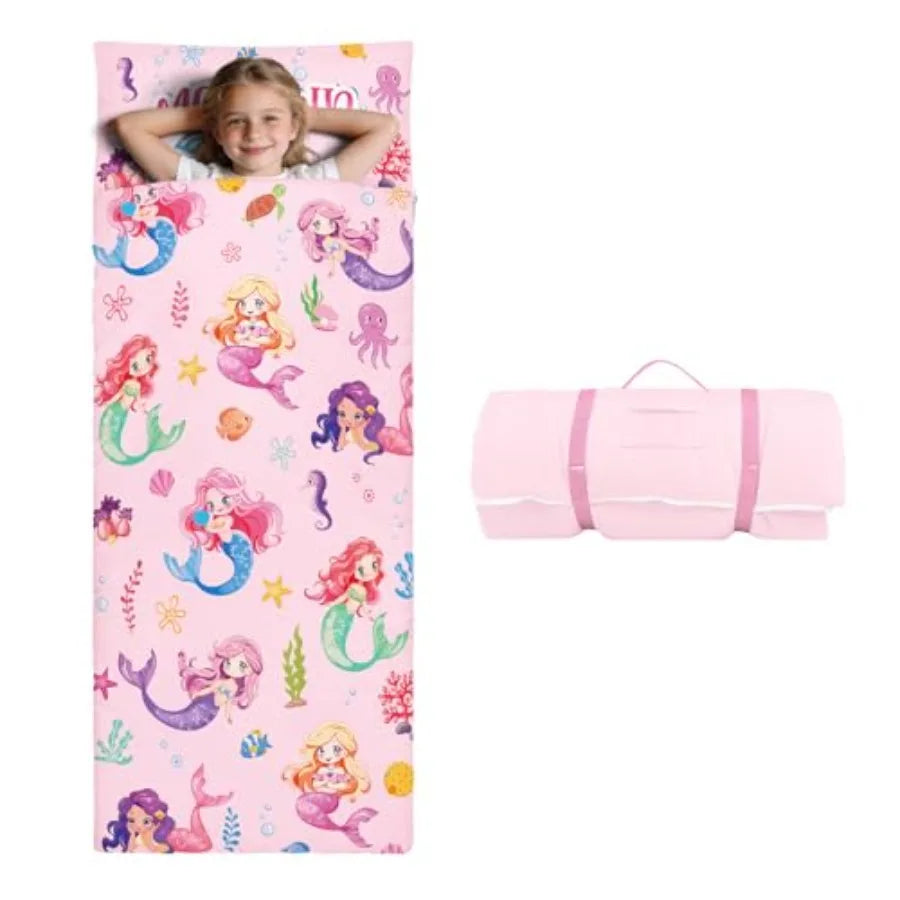 Sleeping Bag Toddler Nap Mat with Removable Pillow Large Foldable Sleeping Bag for Girls Boys Easy Clean Slumber Bag with Doubl