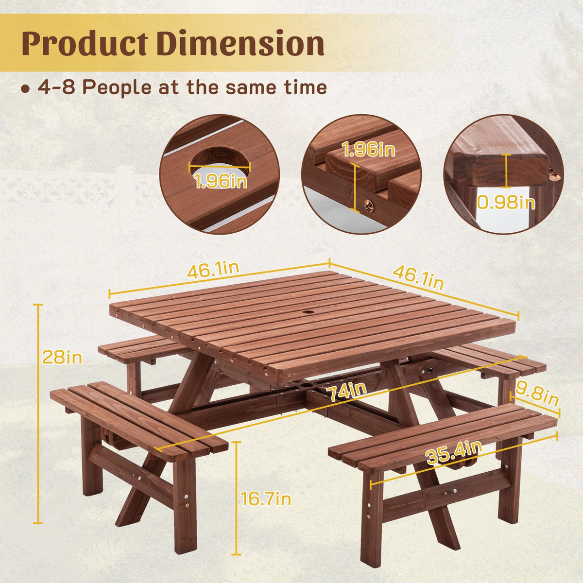 8 Person Square Picnic Table Umbrella Hole Waterproof Reinforced Structure Easy Clean Outdoor Dining Set Backyard Garden Camping