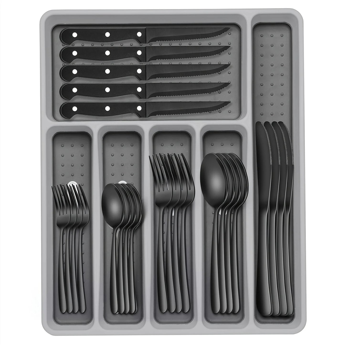 49pcs Black Silverware Set with Organizer, Stainless Steel Flatware for 8, Forks And Spoons Silverware Set Cutlery Set with Steak Knives, Rust-proof, Mirror Polished,, Dishwasher Safe
