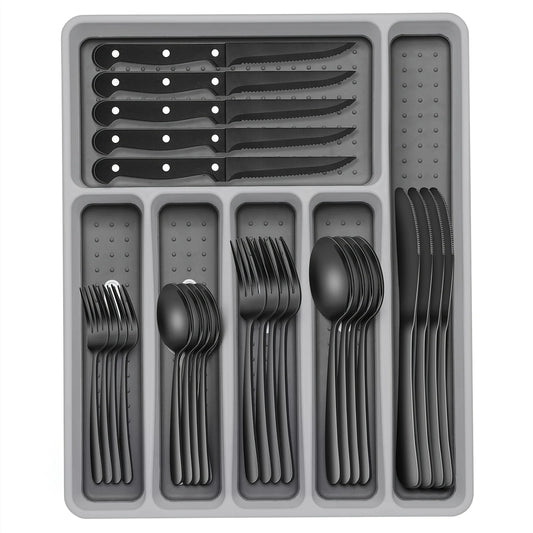 49pcs Black Silverware Set with Organizer, Stainless Steel Flatware for 8, Forks And Spoons Silverware Set Cutlery Set with Steak Knives, Rust-proof, Mirror Polished,, Dishwasher Safe