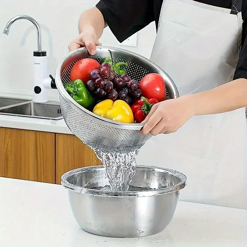 2pcs Stainless Steel Colander Set - Vegetable Fruit Pasta Strainer, Large Heavy Duty Filter Bowl