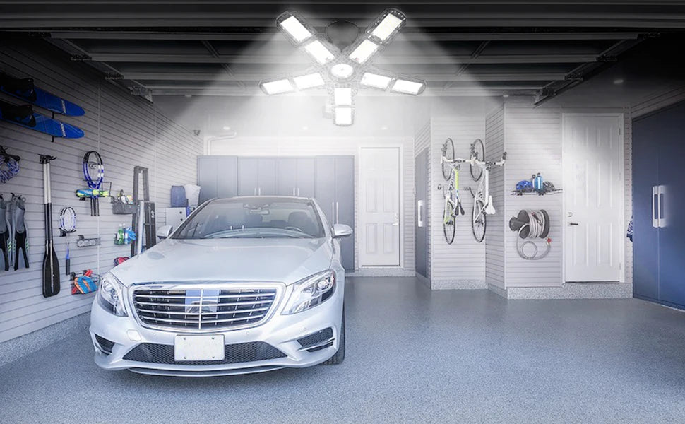 LED Garage Lights with 7/10+1 Adjustable Panels E26/E27 Ceiling Shop Work Lamp 150W 6500K Bulb for Workshop Industrial Lighting