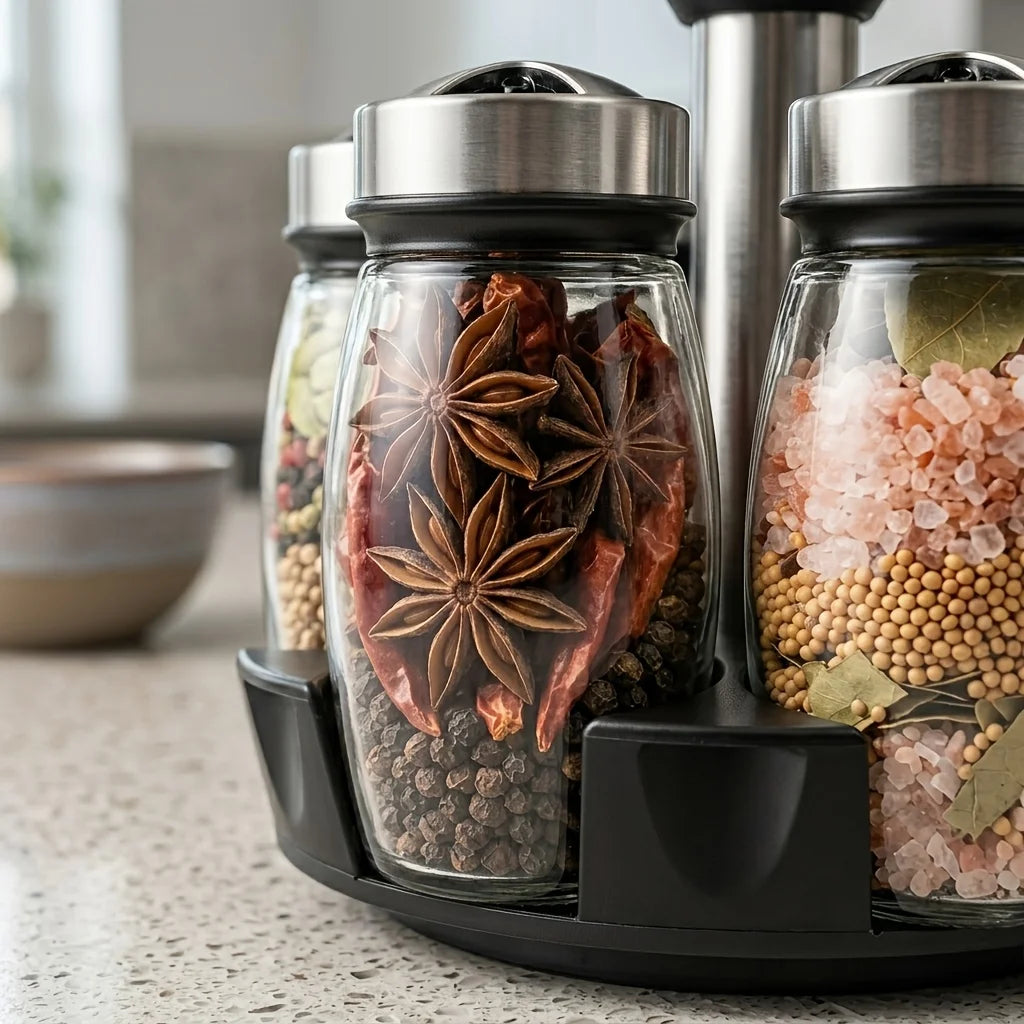 Spice Rack Set with Glass Jars | Kitchen Seasoning Organizer | Compact Rotating Countertop Storage Rack