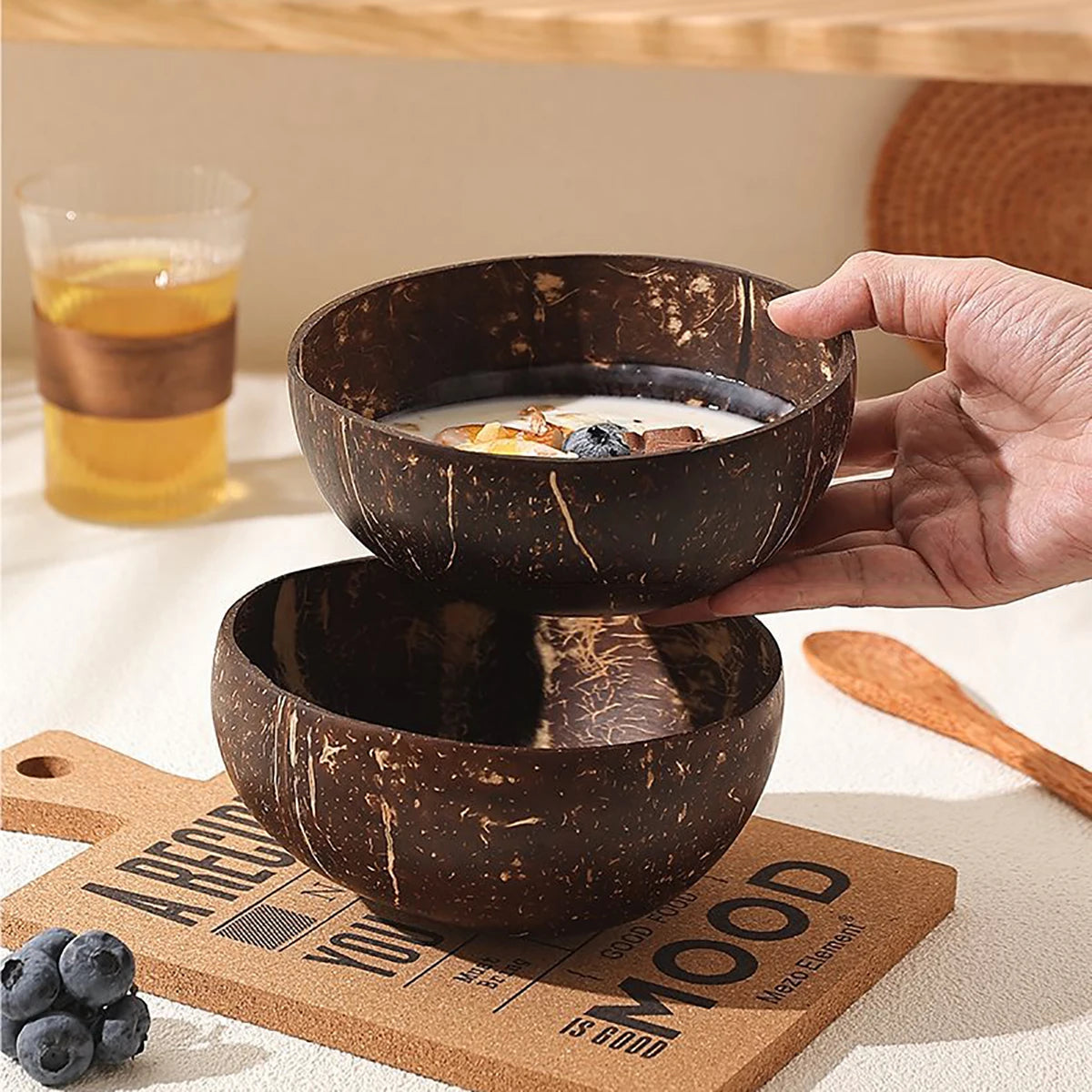 Natural Coconut Shell Bowl And Spoon Set For Serving Dishes Salad Wooden Reusable Kitchen Tableware Coconut Bowls Fruit Bowl