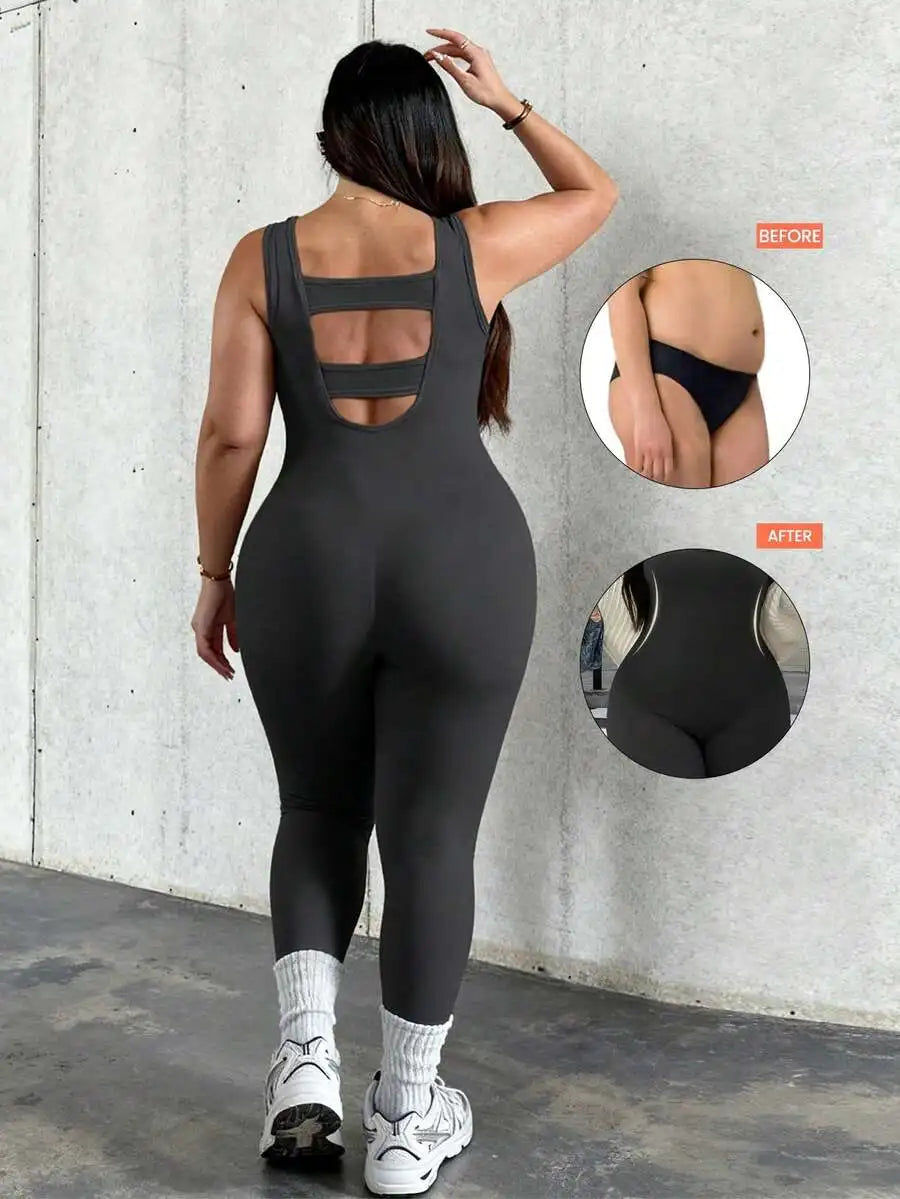 Rhythm Era 1pc Plus Size Black Backless Jumpsuit, Comfortable Stretchy Seamless Knit Yoga & Fitness Activewear
