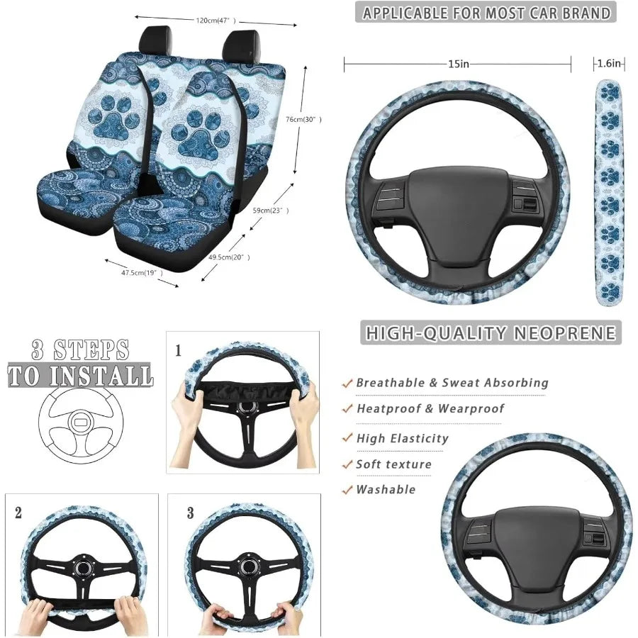 Boho Mandala Dog Paw Print 13Piece Car Accessories Set with Universal Fit Includes 4 Car Seat Covers 1 Steering Wheel Cover 1 T