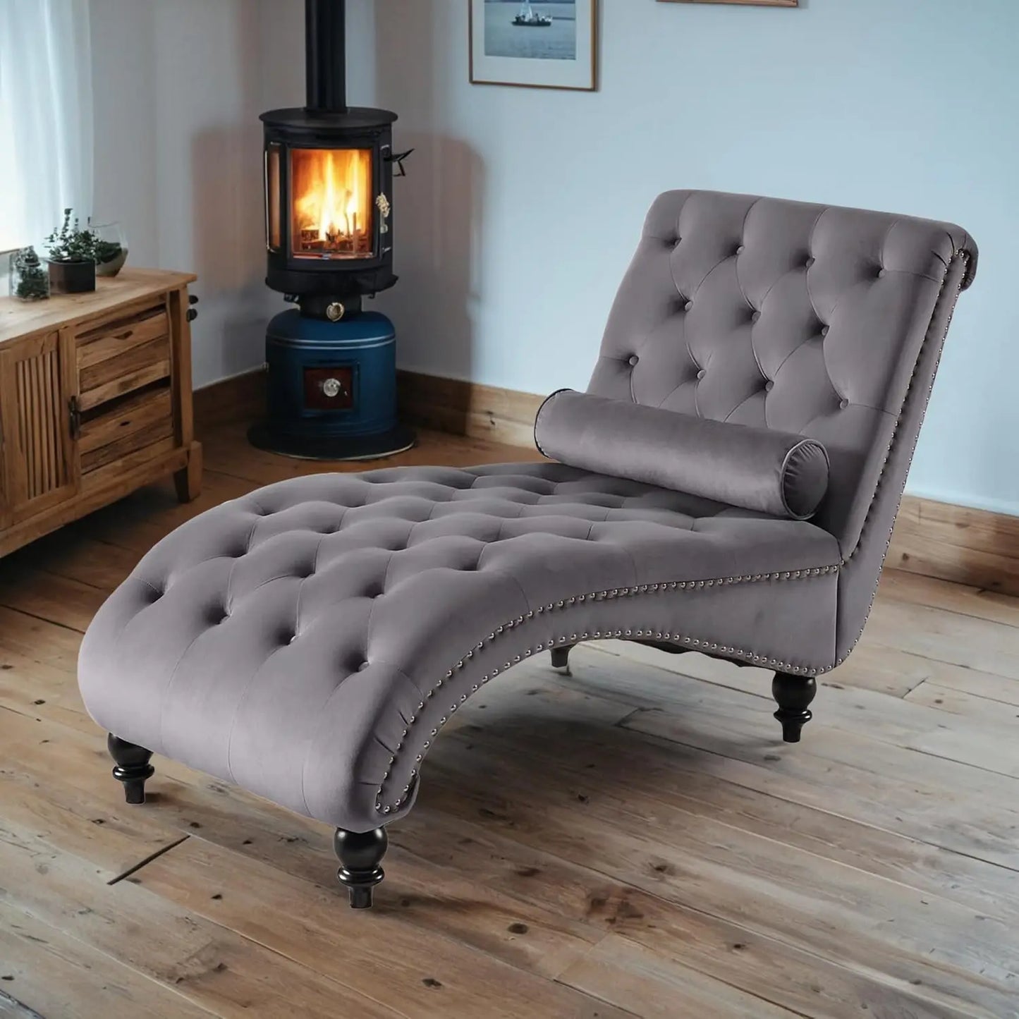 Velvet Tufted Chaise Lounge Chair With Pillow For Living