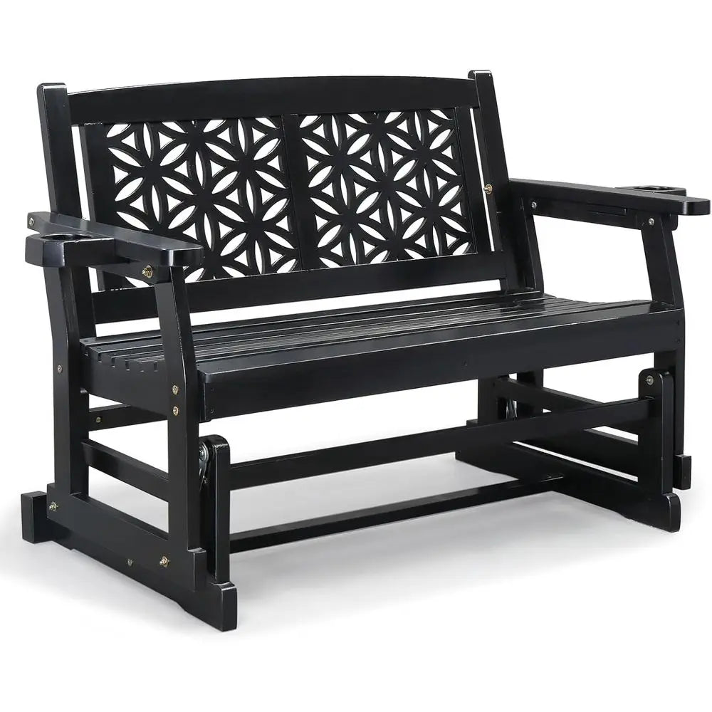 Wooden Outdoor Glider Bench with Floral Backrest, Patio Rocking Chair with Cup Holders, Ideal for Garden, Yard, and Porch (Black