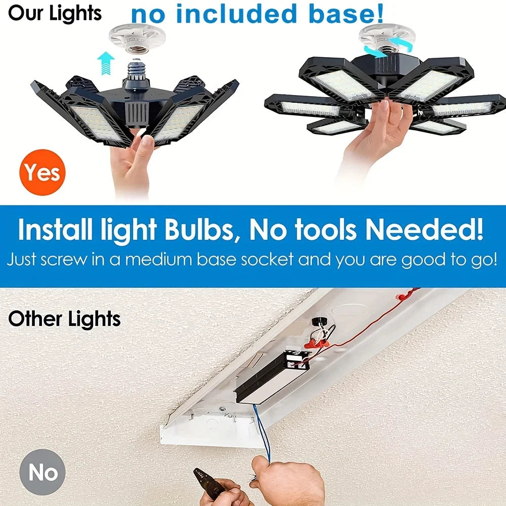 LED Garage Lights with 7/10+1 Adjustable Panels E26/E27 Ceiling Shop Work Lamp 150W 6500K Bulb for Workshop Industrial Lighting