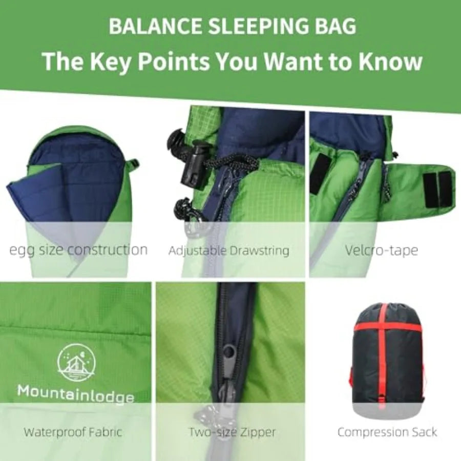 Balance Sleeping Bag for Adult, ColdandWarm Weather with Compression Sack and Water Resistant for Family Camping, Travel and Ca