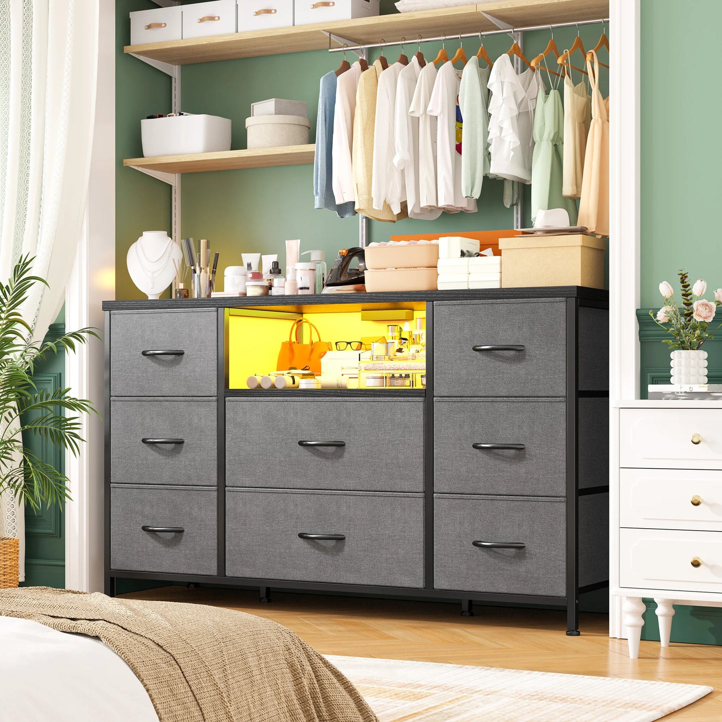 EnHomee 8-Drawer Media Dresser with LED Lighting & Built-in Charging Station - Fabric Storage Cabinet for 55" TVs, Ideal for Bedroom