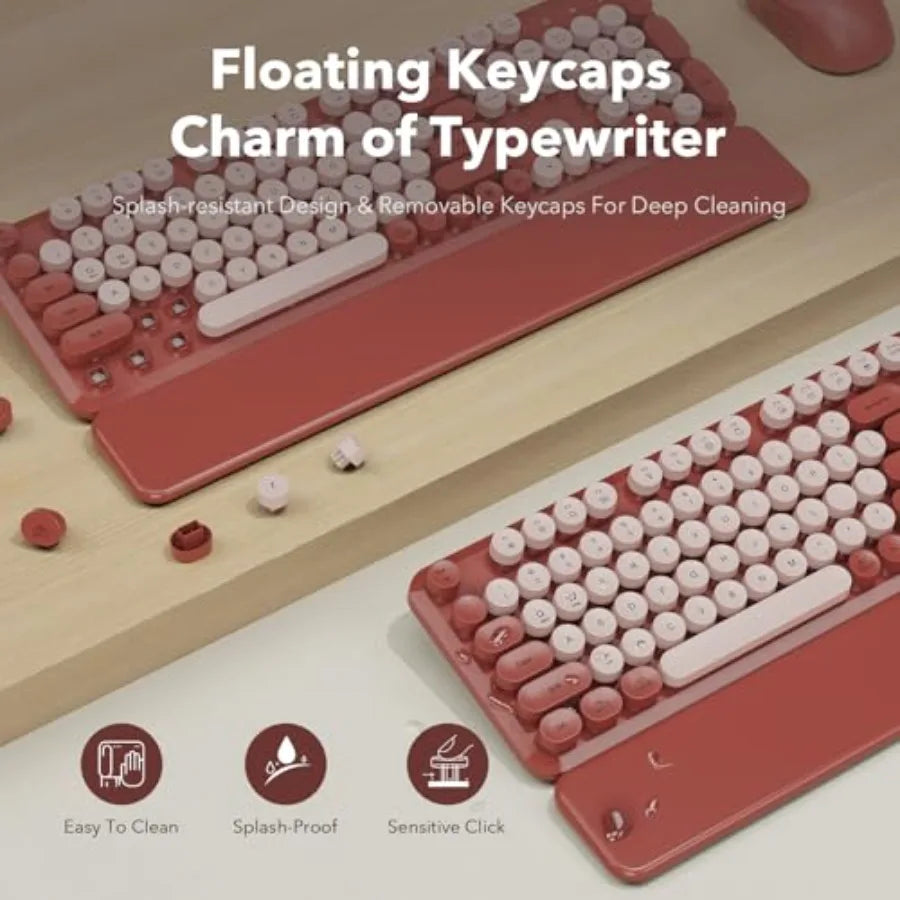 Wireless Keyboard and Mouse Combo Wine Red Retro Typewriter-Style Keyboard with Round Keycaps and Magnetic Wrist Rest 2.4G USB
