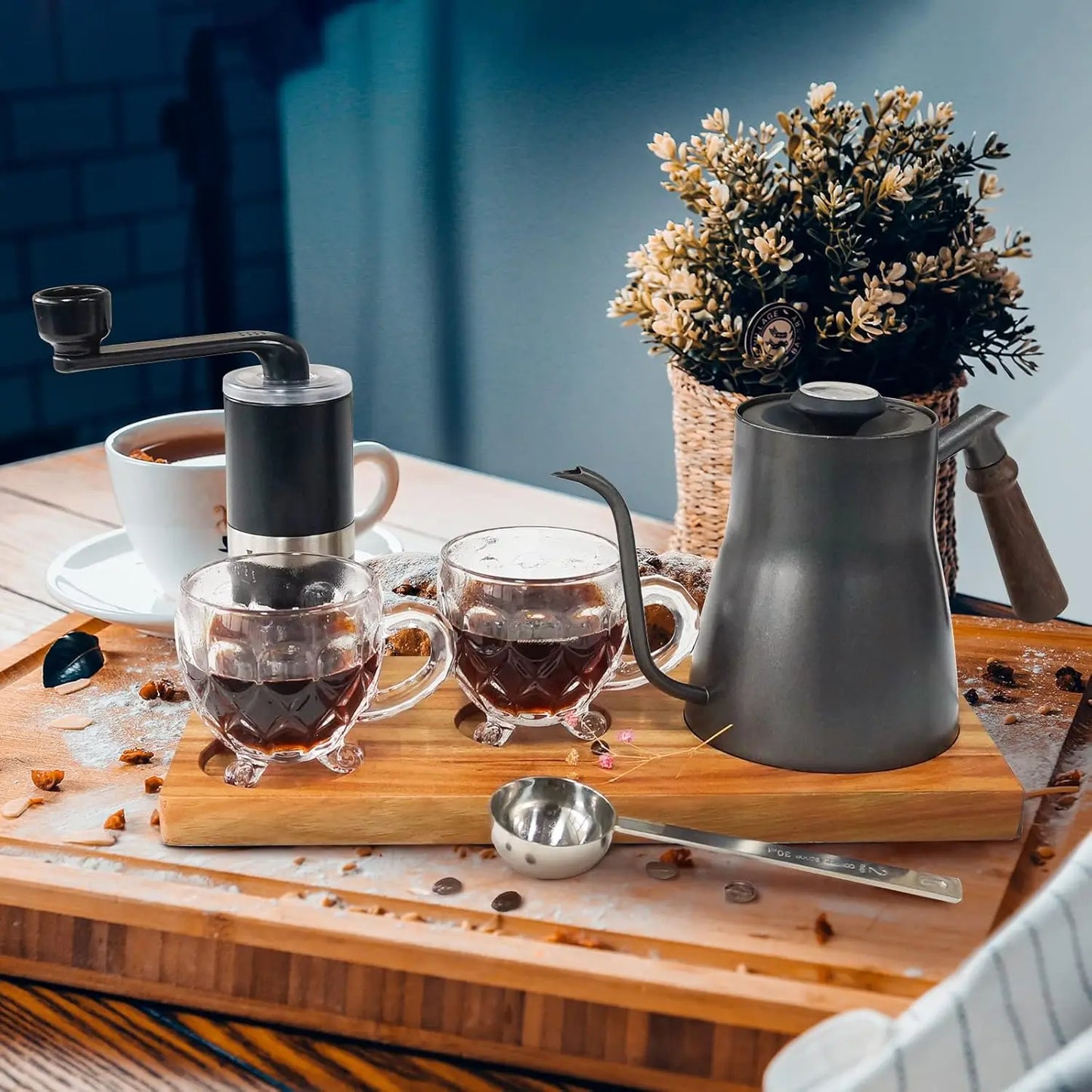 Portable Coffee Maker Set Tea Set And Tray; Manual Grinder; Stainless Steel Scoop & 2 Glass Cups and Wooden Tray